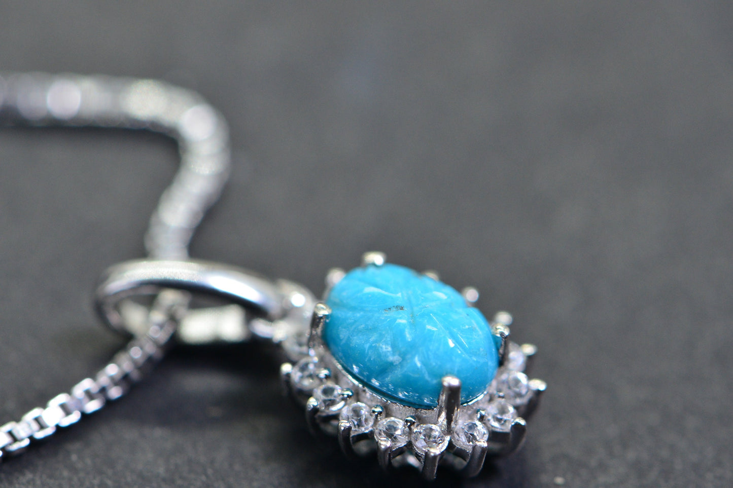 Sleeping Beauty Turquoise Flower Pendant: Sterling Silver Halo, Vintage Style