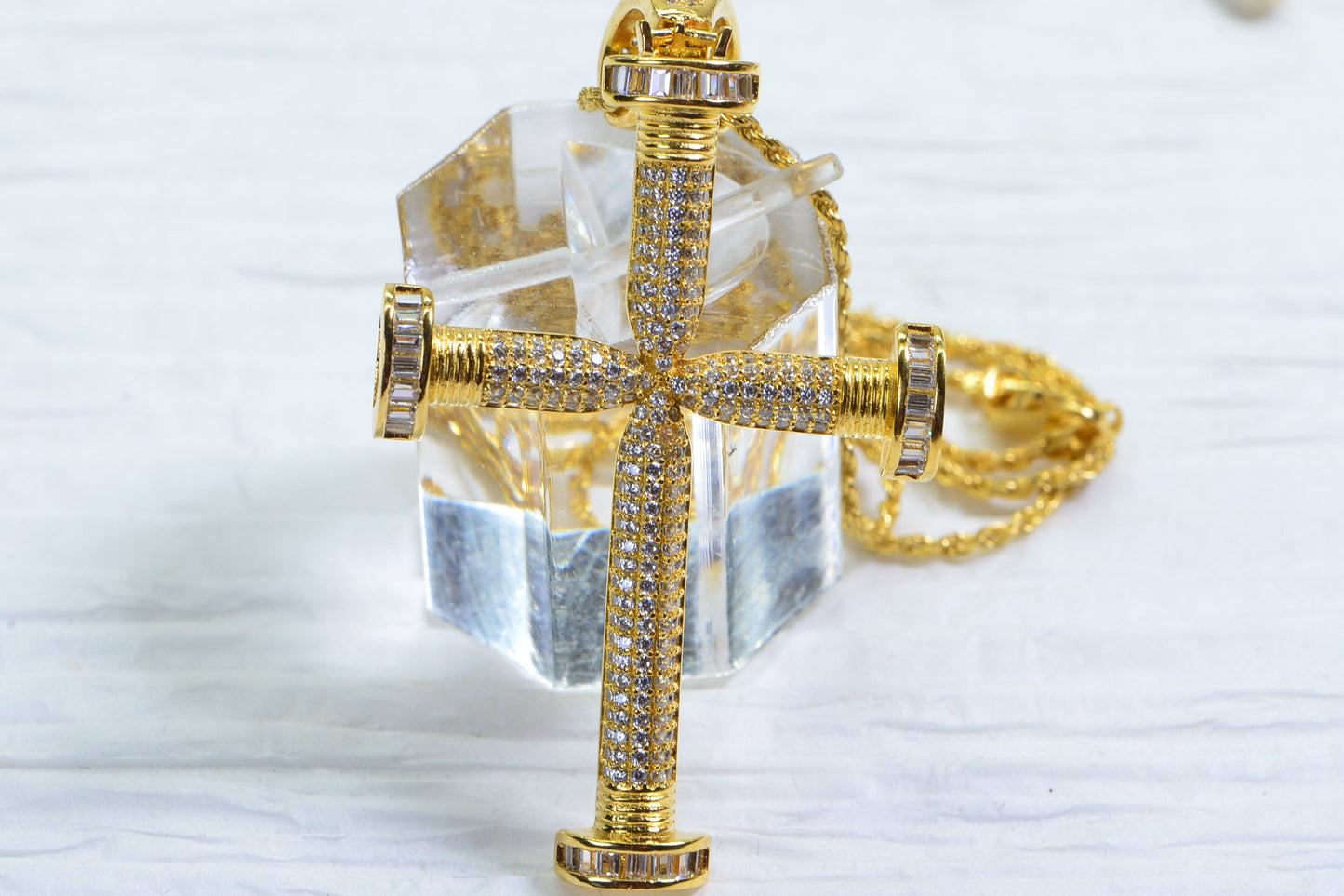 Large Diamond Cross Pendant: 24K Gold Over Sterling Silver Necklace