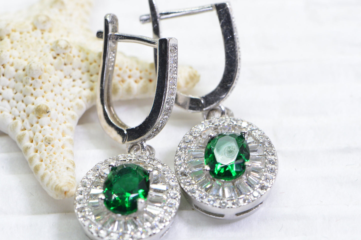 Emerald Dangle Earrings: Sterling Silver Double Halo, May Birthstone