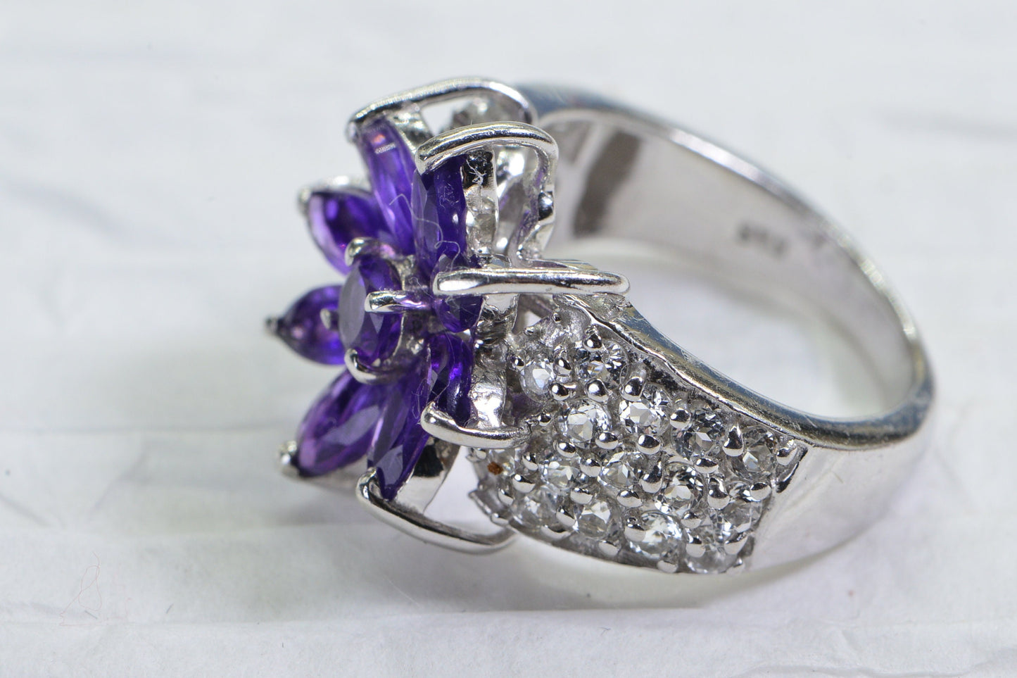 Amethyst Flower Ring: Sterling Silver, White Topaz, Vintage Estate Jewelry