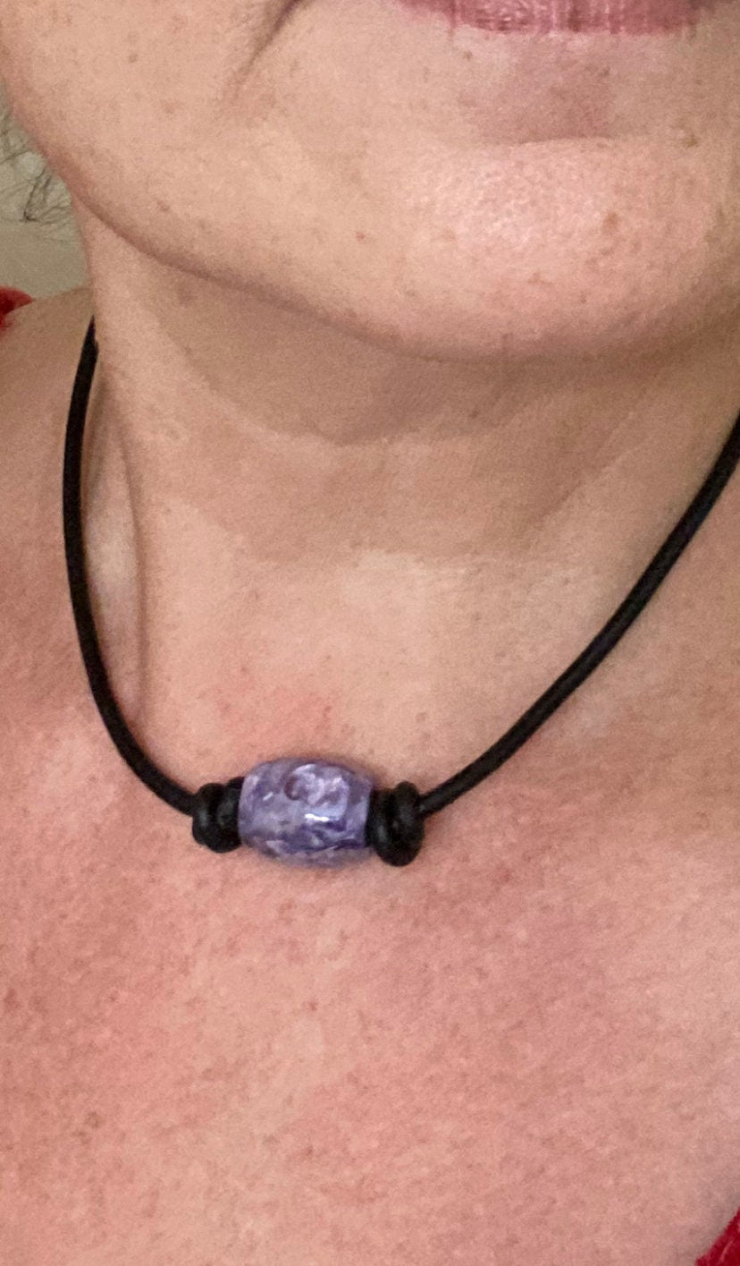 Russian Charoite Gemstone Bead Necklace Leather Necklace Choker Necklace Gemstone Jewelry