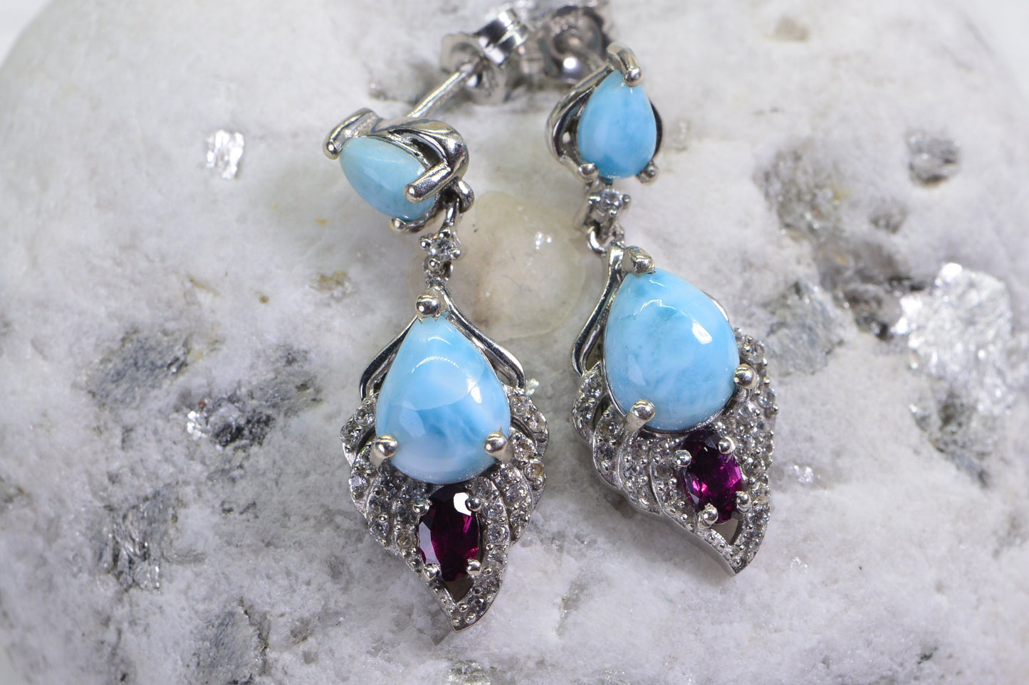 Larimar Drop Earrings: Sterling Silver, Garnet & CZ Accent