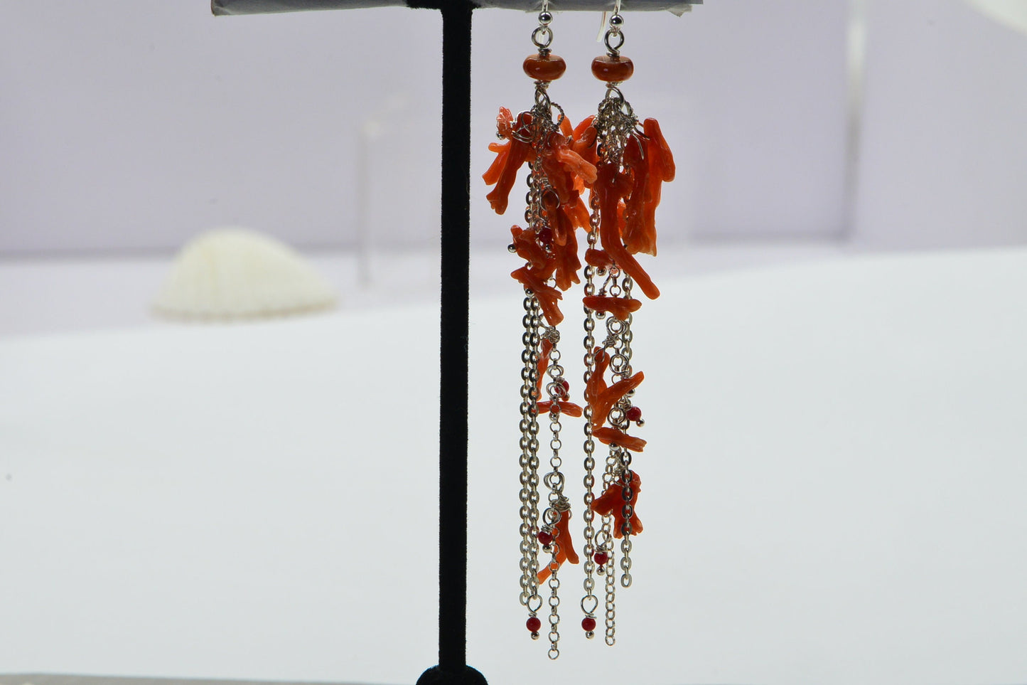 Mediterranean Coral Chandelier Earrings: Sterling Silver Dangle Gemstone