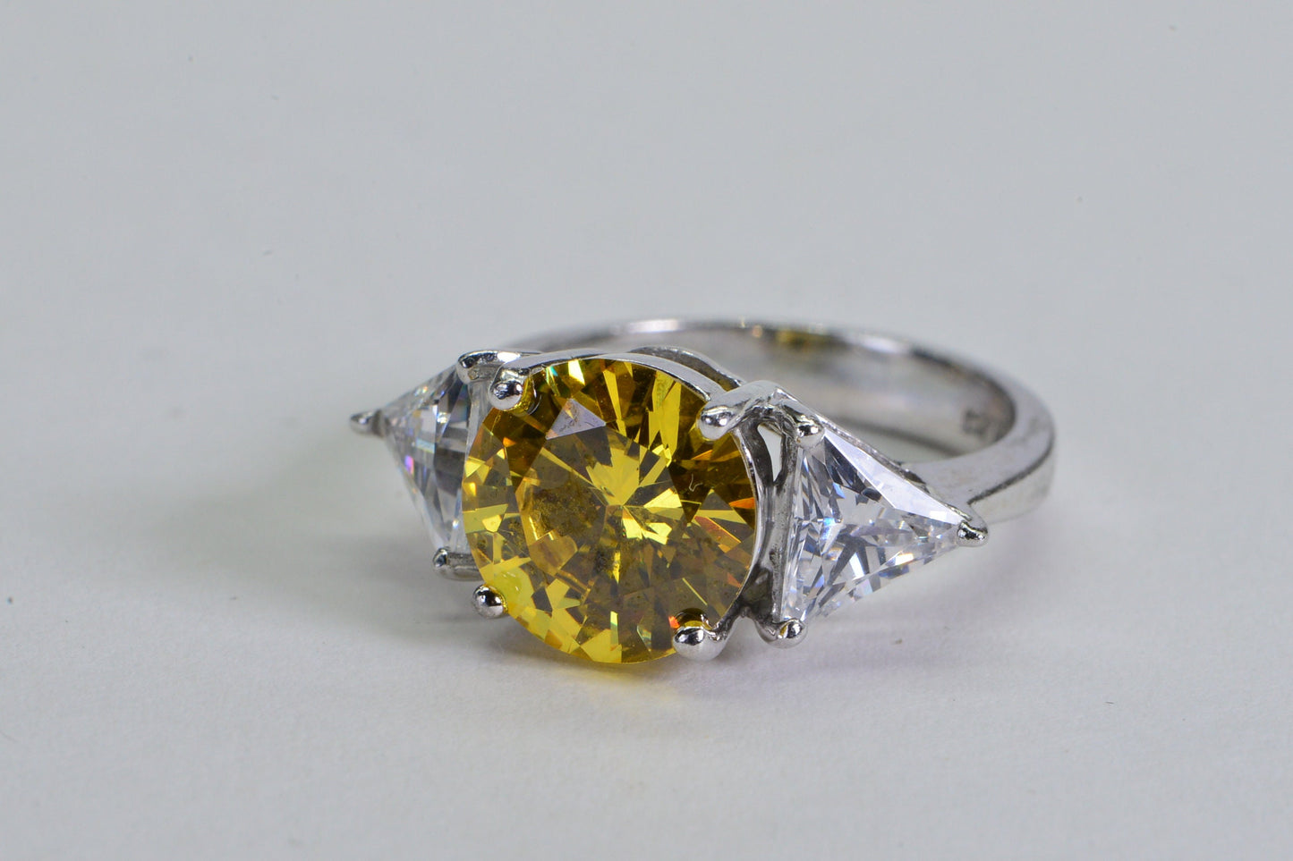 Simulated Yellow Diamond Ring: Sterling Silver Trilogy Engagement Ring, Size 6