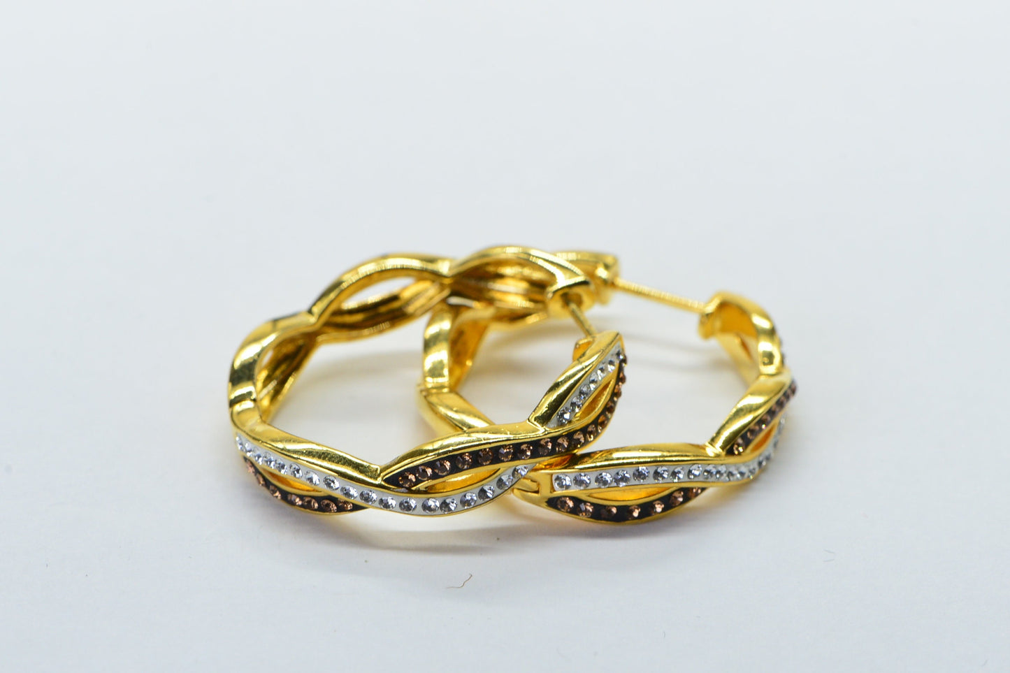 Gold Twisted Simulated Diamond Brown and White Large Hoop Earrings