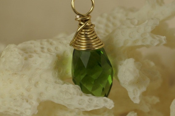 14K Gold Filled Wire Wrapped Emerald Teardrop Pendant