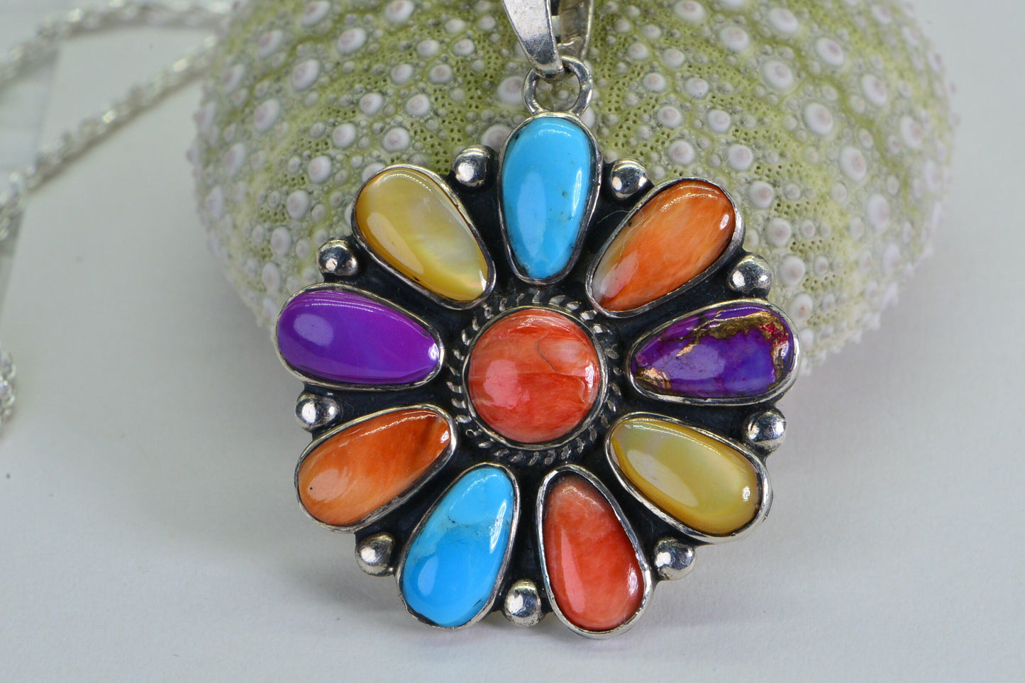 Spiny Oyster Shell Inlay Arizona Sleeping Beauty Turquoise Necklace Pendant Sterling Silver Gemstone necklace