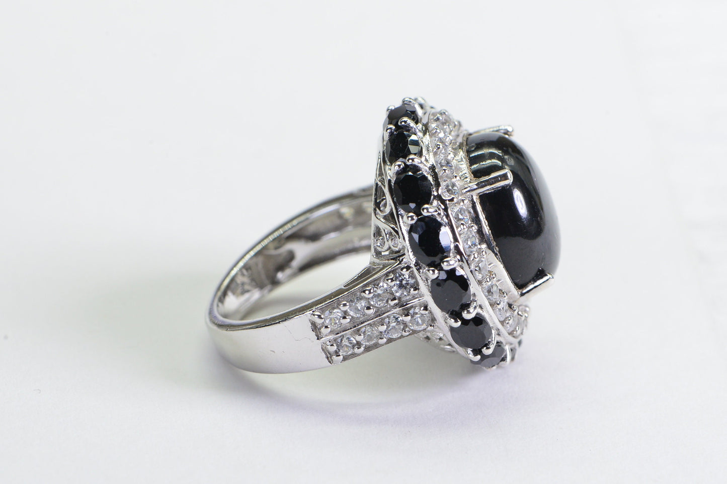 Shungite Statement Ring: Double Halo CZ, 925 Silver