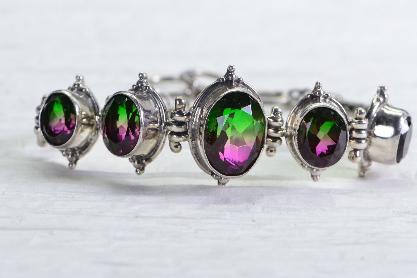 Vintage Watermelon Tourmaline Bracelet: Sterling Silver Bezel Set Link Bracelet