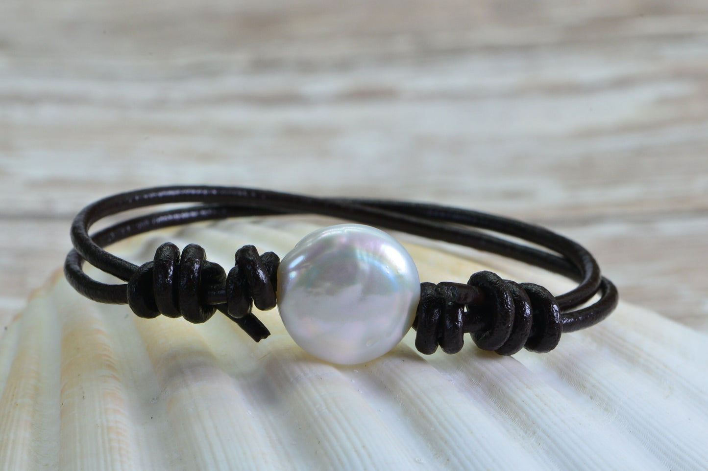 Freshwater Pearl Bracelet: Brown Leather Wrap, Adjustable Knots