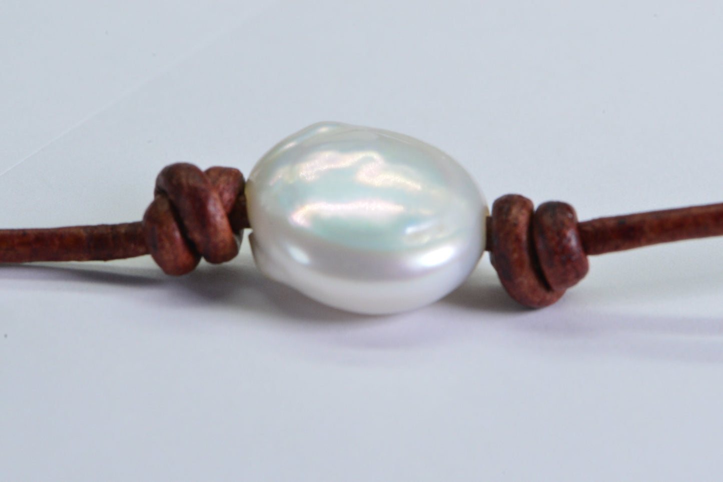 Brown Leather Choker: White Freshwater Pearl, Adjustable Necklace