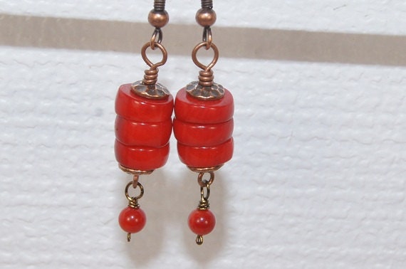 Red Coral Earrings Copper Jewelry Gemstone Earrings