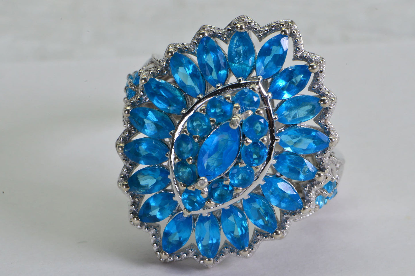 Marquise Blue Apatite Ring: Sterling Silver Double Halo Statement Ring