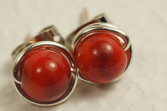 Red Coral Stud Earrings Natural Stone Earrings