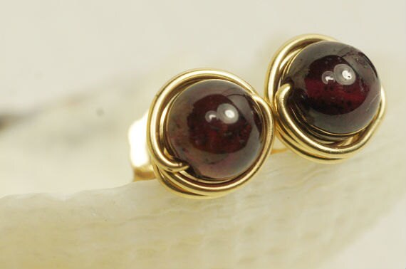 Garnet Stud Earrings, 14K Gold Filled Wire Wrapped Earrings