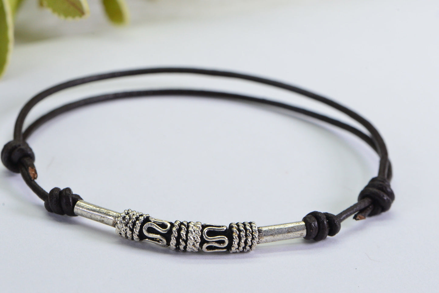 Sterling Silver Tube Bead Bracelet: Brown Leather Cord Sliding Knot