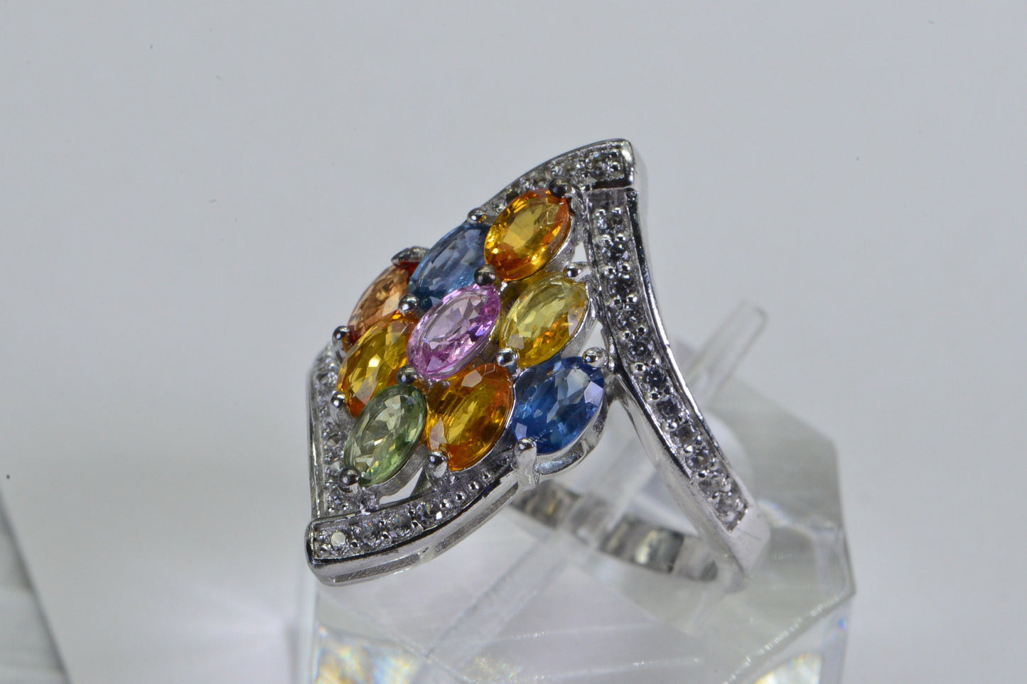 Multi Color Sapphire Ring: Sterling Silver Marquise Statement Ring