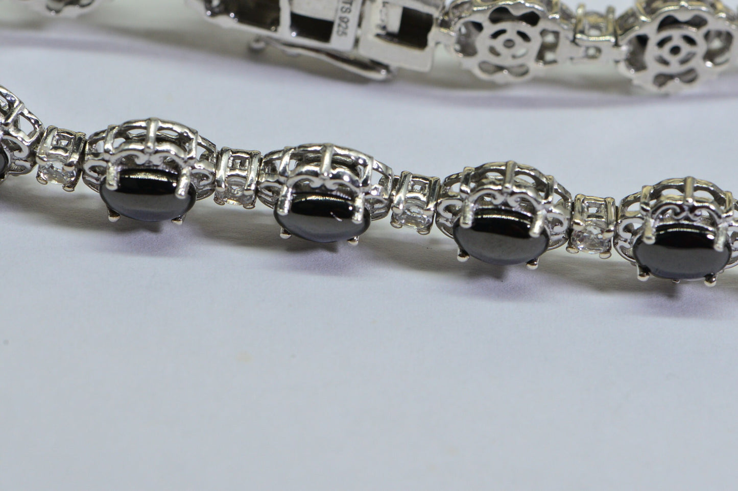 Black Spinel Tennis Bracelet, Simulated Diamond, Platinum Over Sterling Silver
