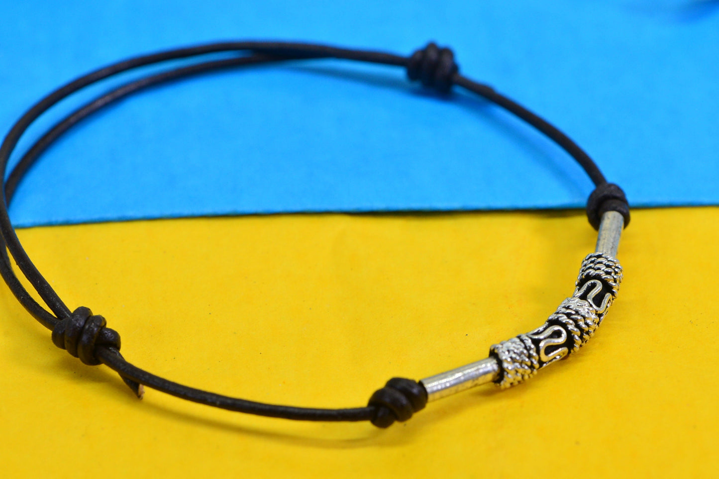 Brown Leather Knot Bracelet: Sterling Silver Tube Bead, Adjustable Cord