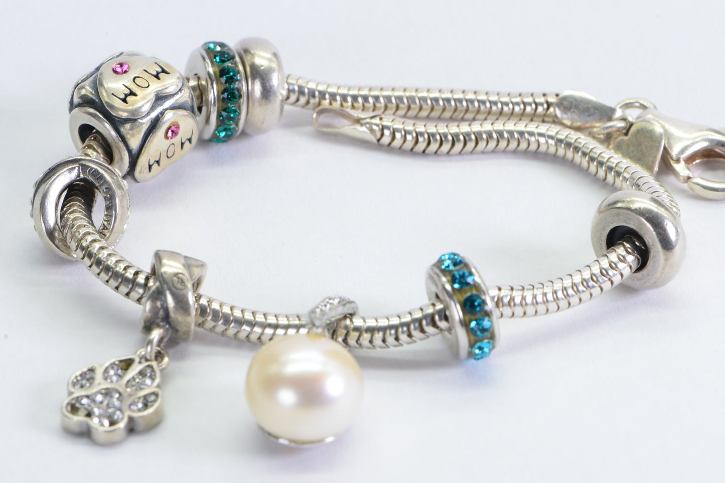 Sterling Silver Charm Bracelet: Pearl, Rhinestone 'Mom' Bead