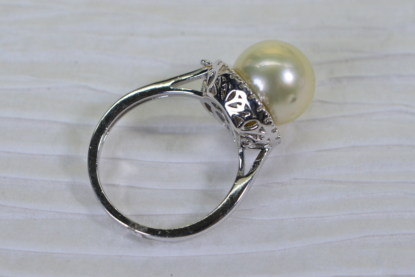 South Sea Pearl Ring: 14K White Gold Over Sterling Silver, Halo Diamond Style, 11.5mm