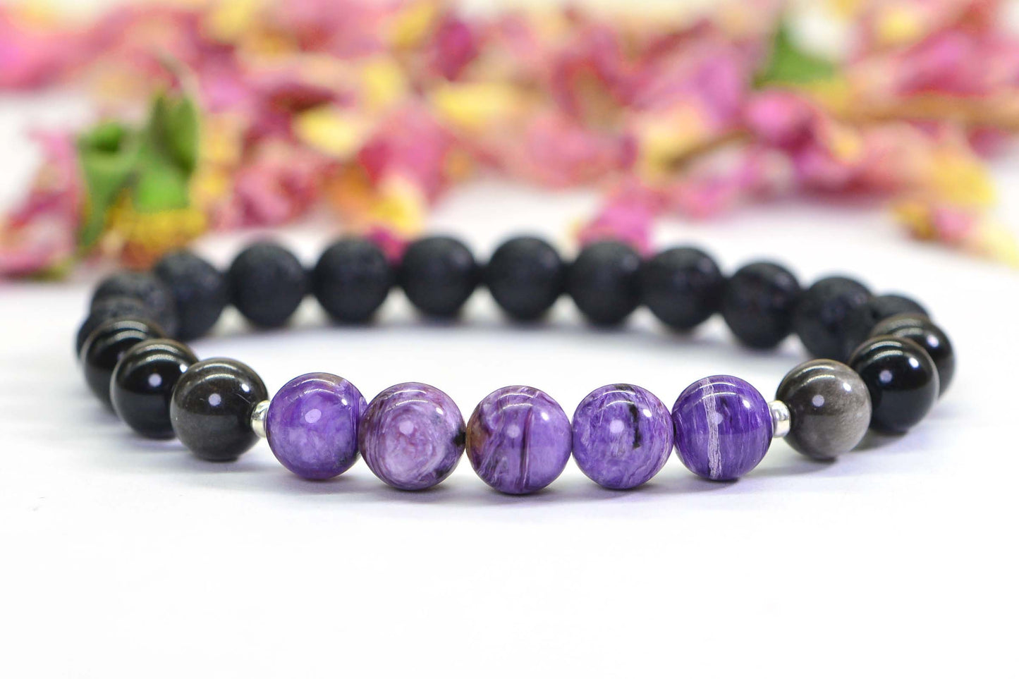 Charoite Bracelet: Silver Obsidian & Black Lava, Round Gemstone