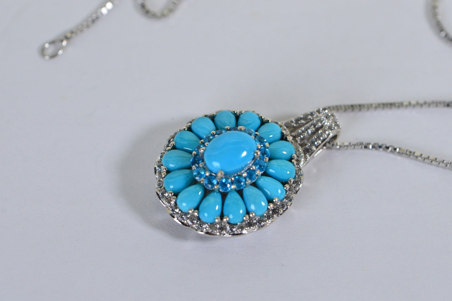 Sleeping Beauty Turquoise Flower Pendant, Neon Apatite Halo, Sterling Silver