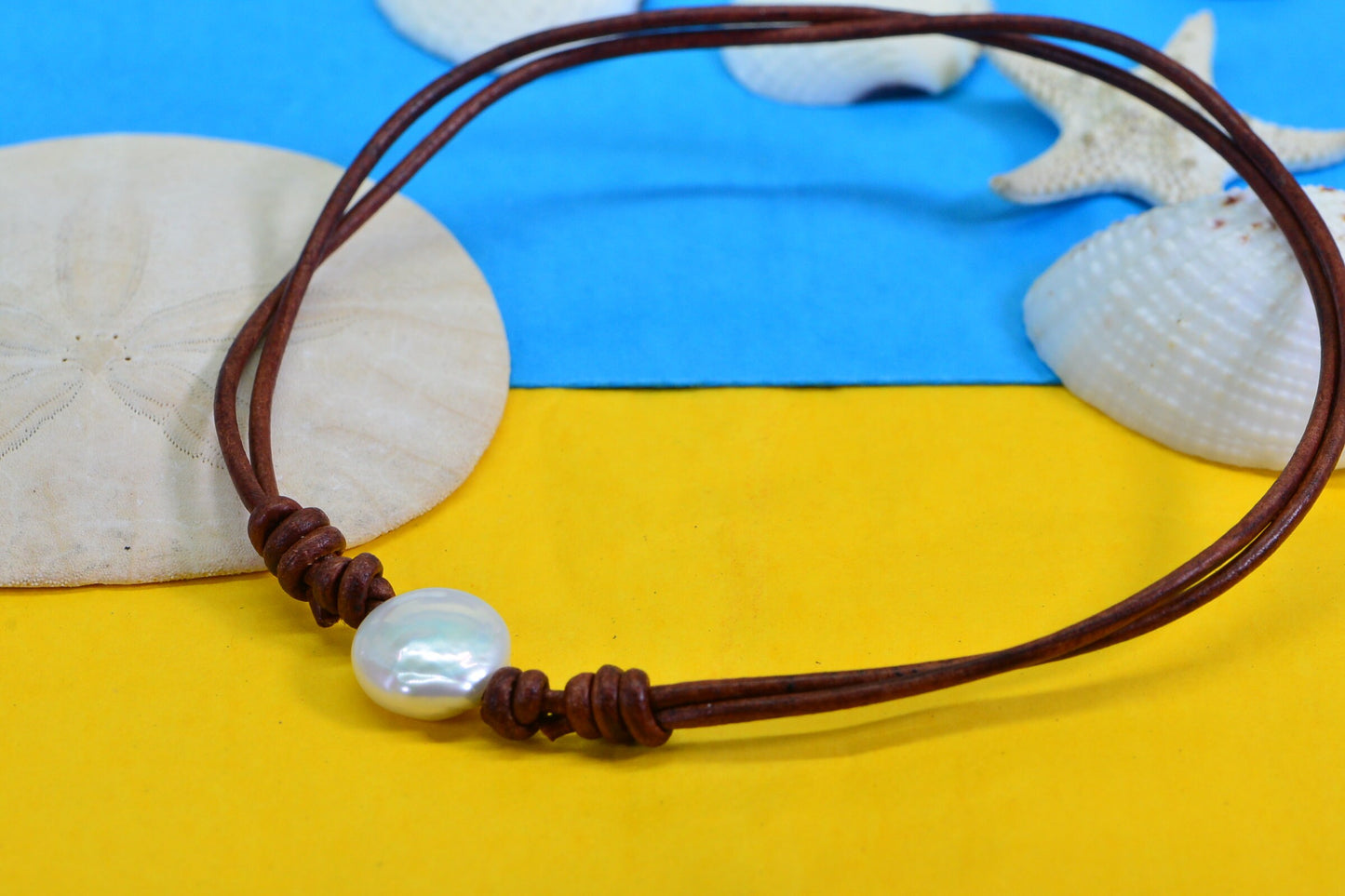 White Coin Pearl Necklace: Adjustable Leather Cord, Beach Style