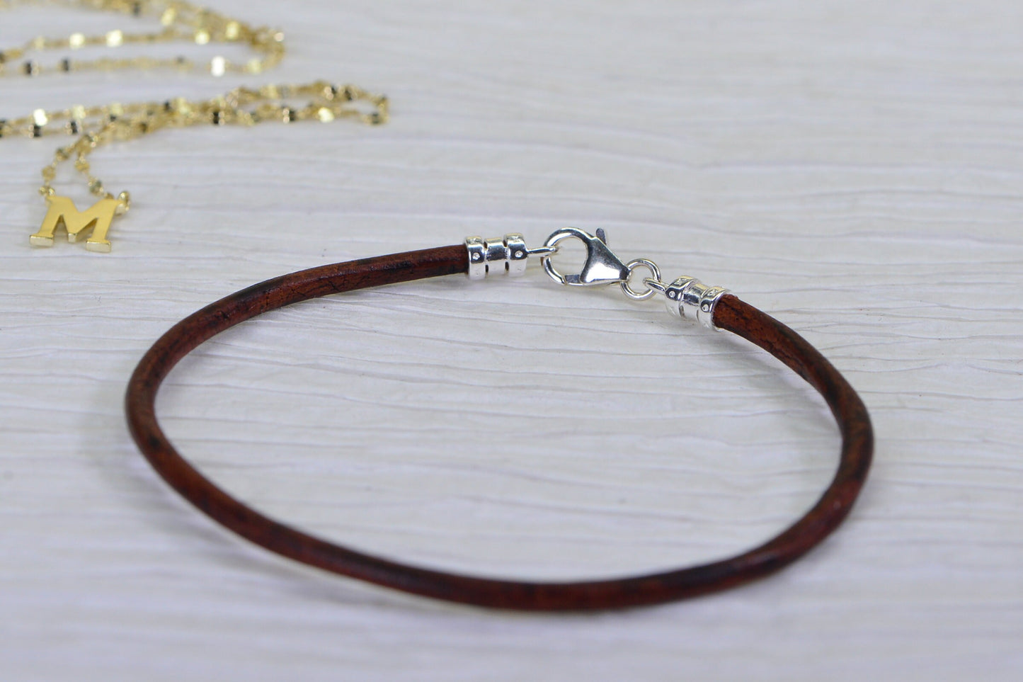 3mm Brown Leather Bracelet: Sterling Silver Clasp, Charm Cuff