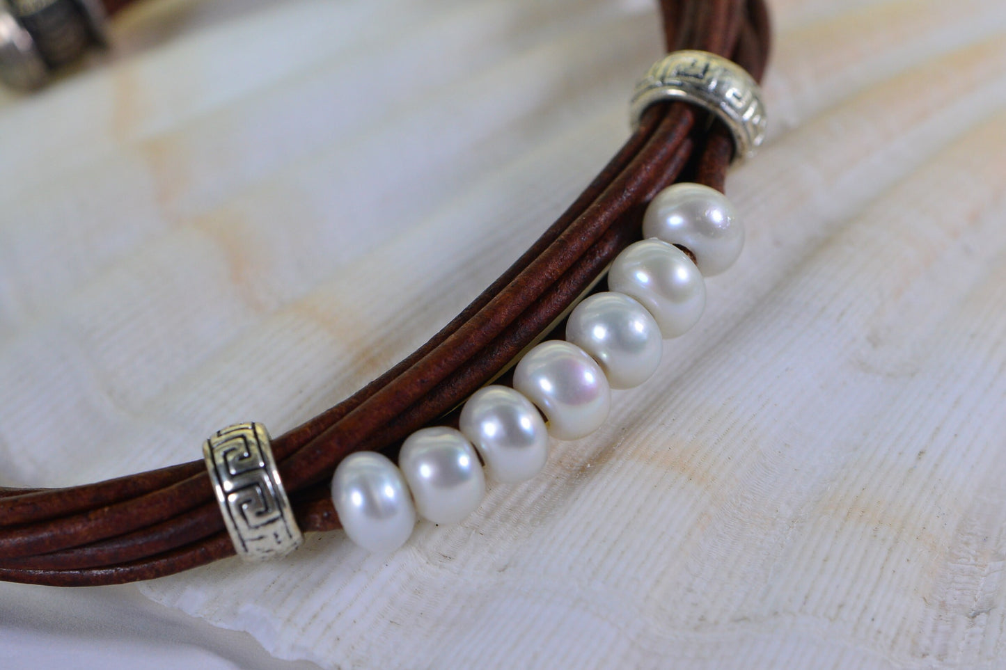 Multi Strand Leather Bracelet: Freshwater Pearl & Sterling Silver