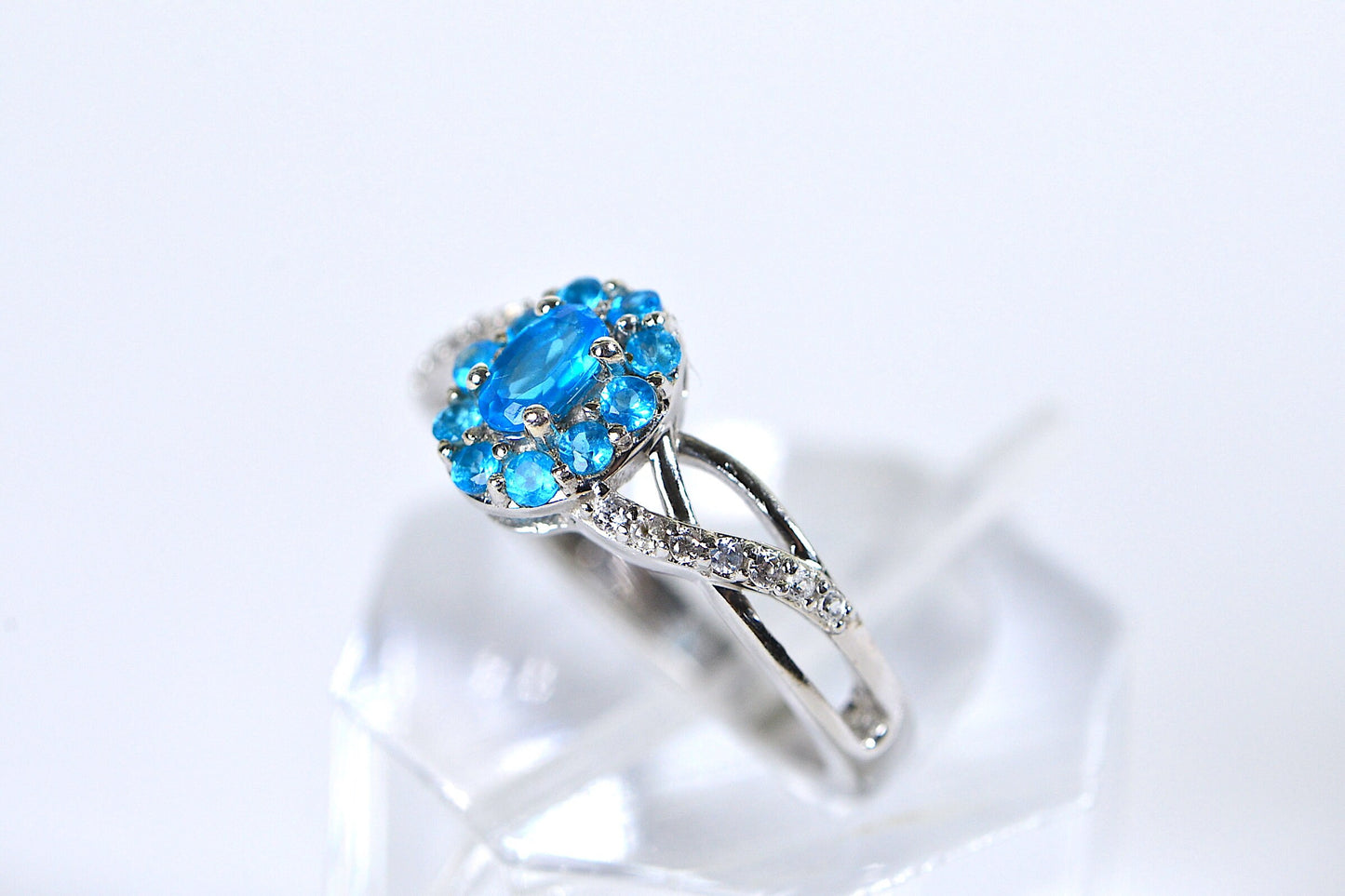 Neon Apatite Flower Ring: 14K White Gold Over Sterling Silver