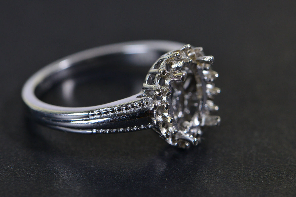 Sterling Silver Halo Ring Blank: Oval Prong Setting, Size 9 US