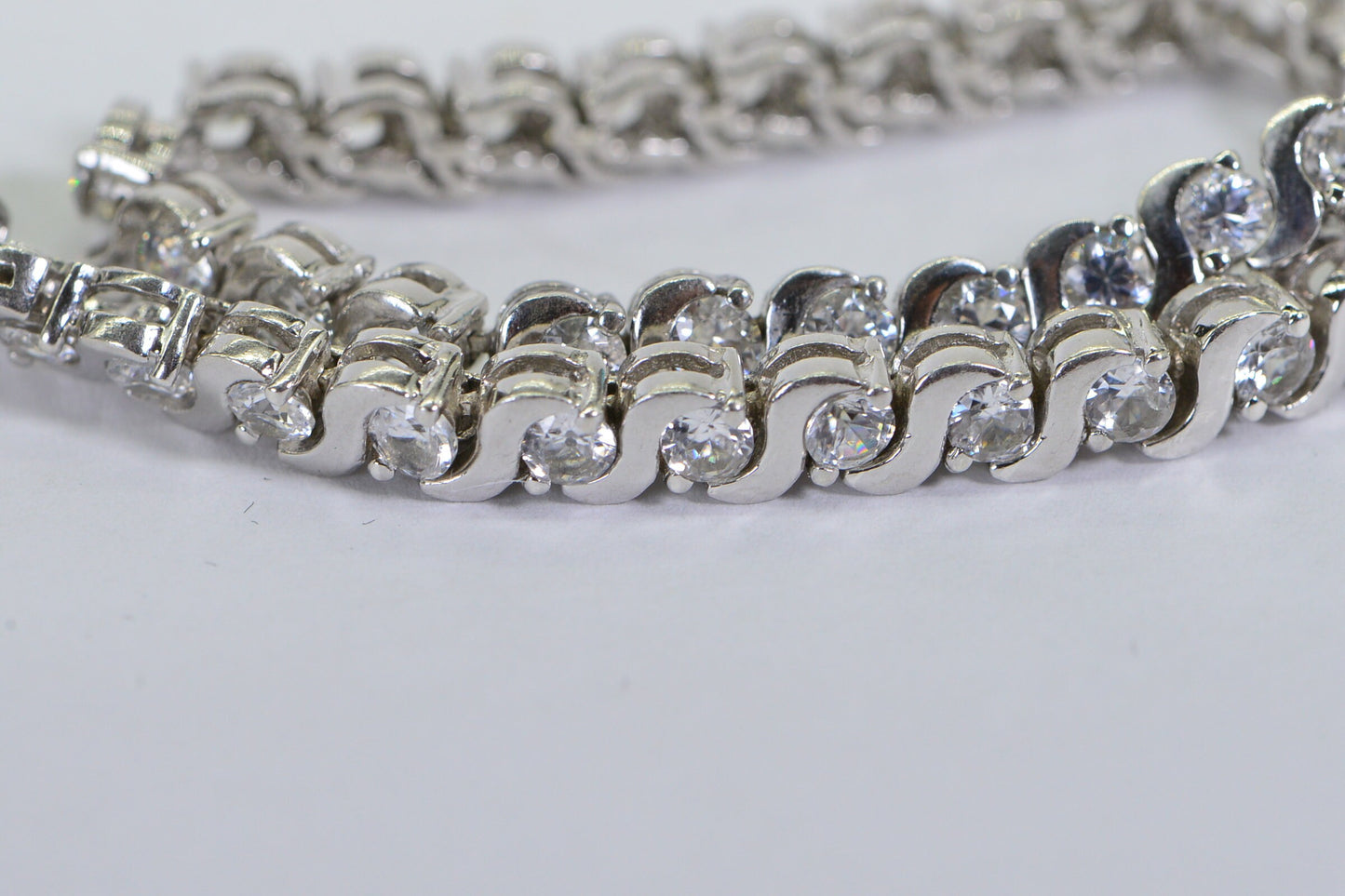 Cubic Zirconia Tennis Bracelet: Sterling Silver Heart Charm, Vintage Estate Jewelry