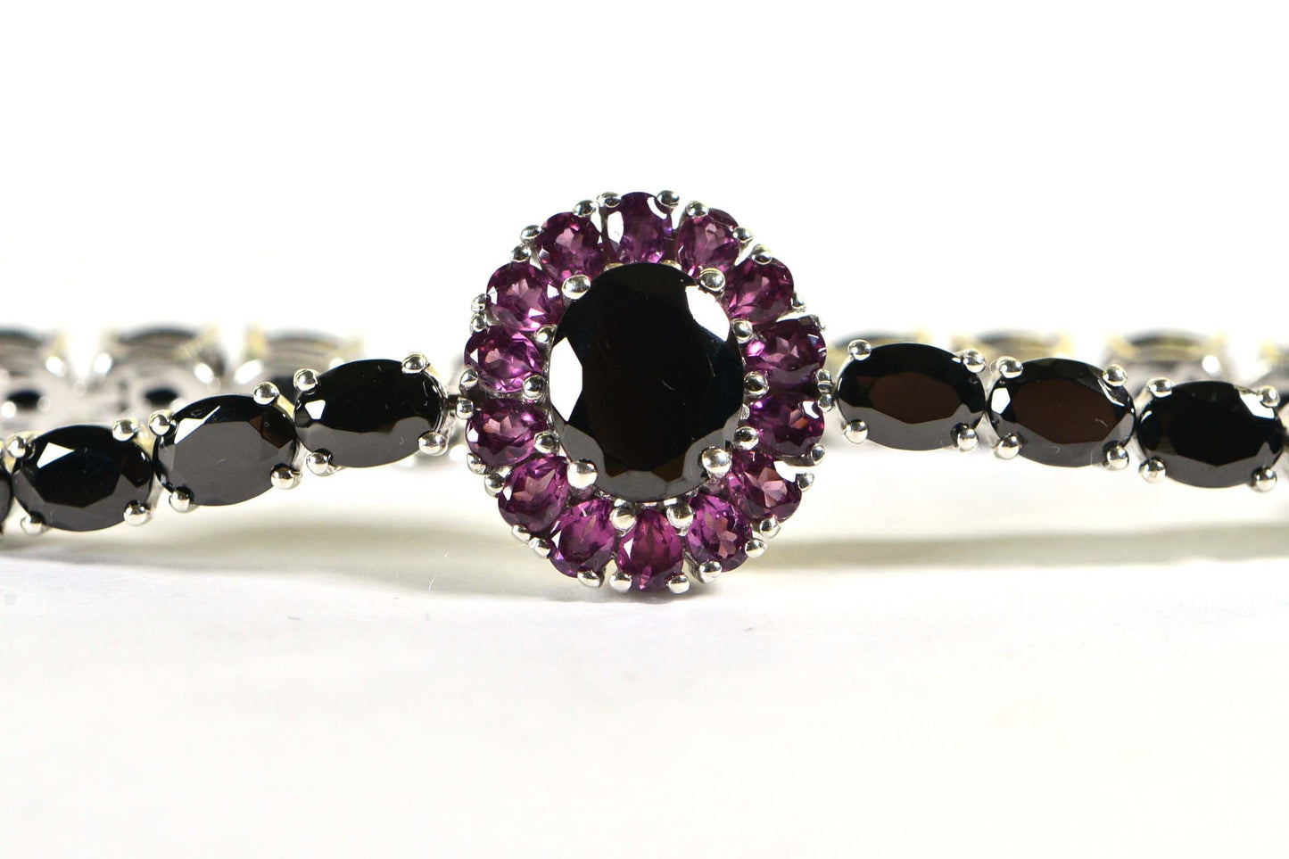 Black Spinel & Purple Garnet Tennis Bracelet - Sterling Silver Flower Gemstone