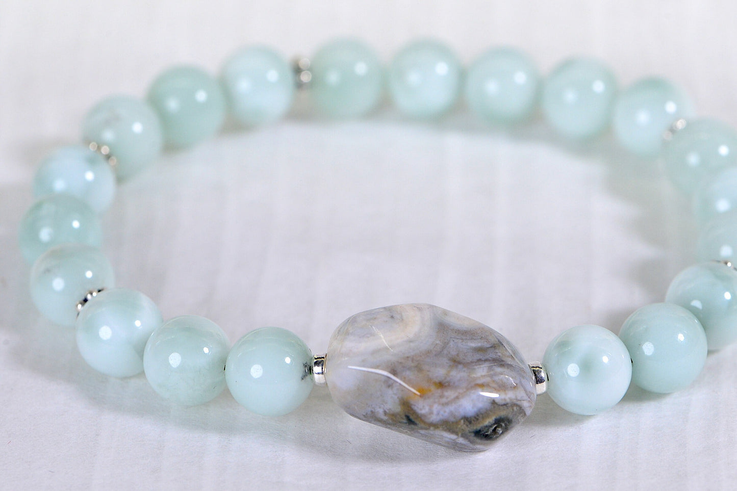 Ocean Jasper Mint Moonstone Bracelet: Sterling Silver Gemstone Stretch Bracelet