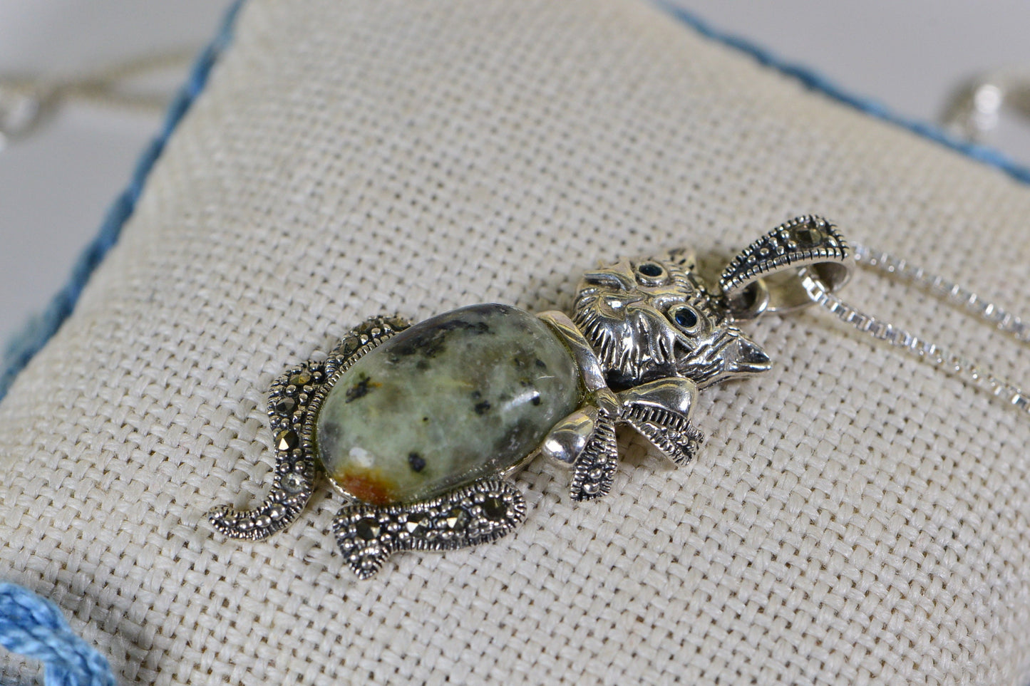 Vintage Sterling Silver Moldavite Cat Pendant: Blue Crystal Eyes
