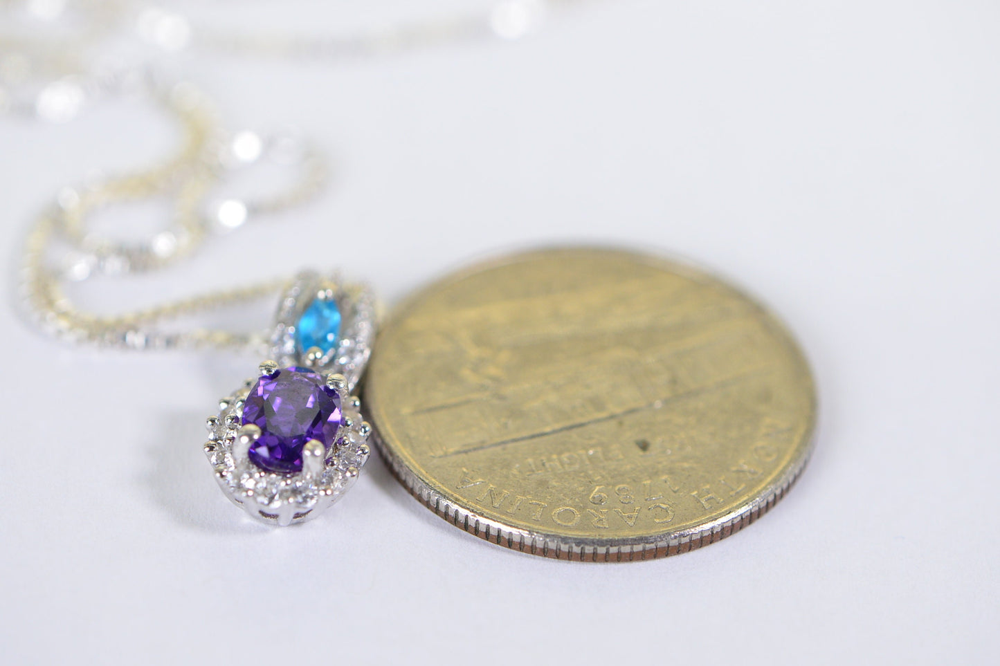 Amethyst Pendant Necklace: Sterling Silver Halo, Apatite Accent