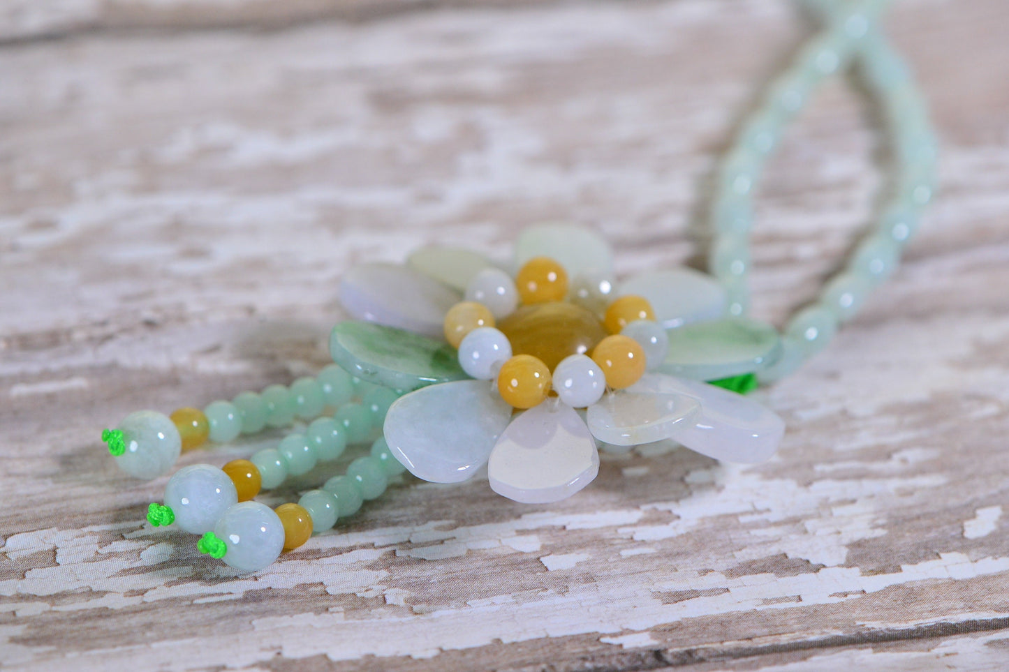 Burma Light Green Jade Flower Necklace: Beaded Lariat with Sterling Silver