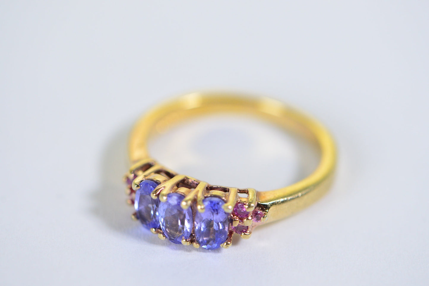 Tanzanite & Pink Sapphire Trilogy Ring: 14K Gold Over Sterling Silver