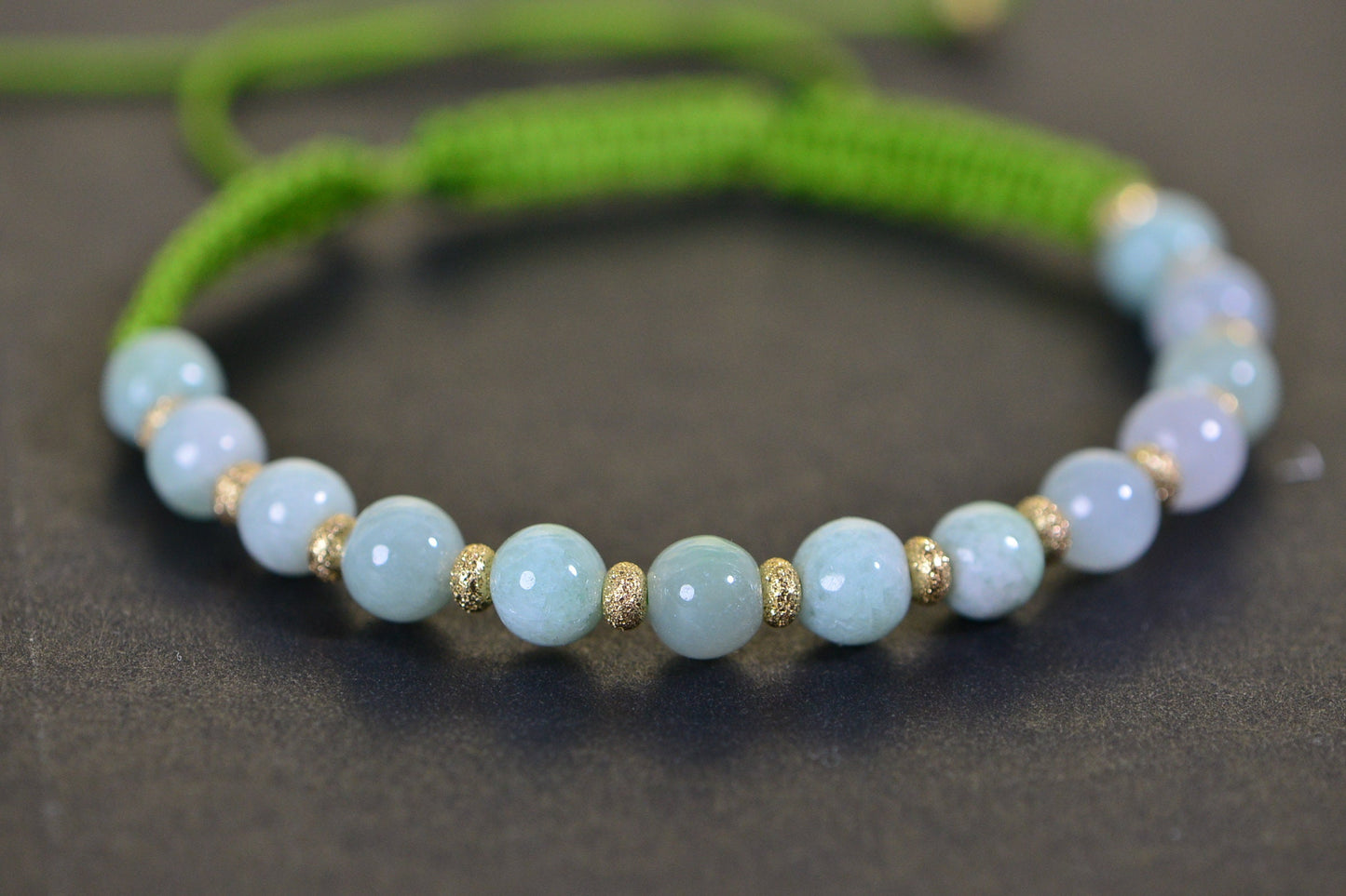 Handmade Burma Jade Bracelet: 14K Gold Beads, Woven Macrame