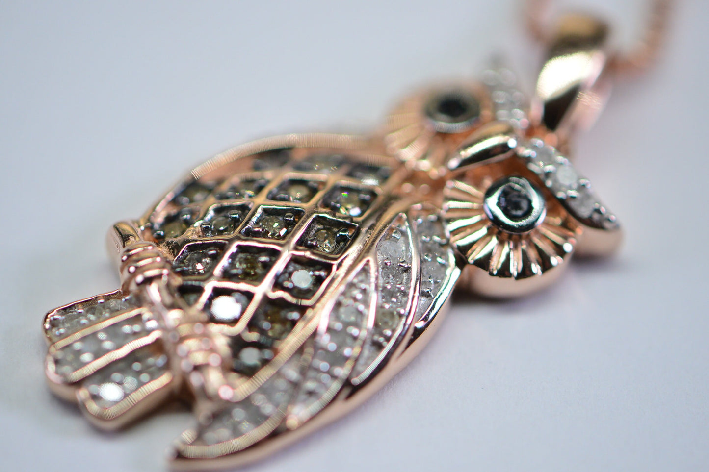 Diamond Owl Pendant: Vintage Sterling Silver Necklace, Rose Gold Electroplated