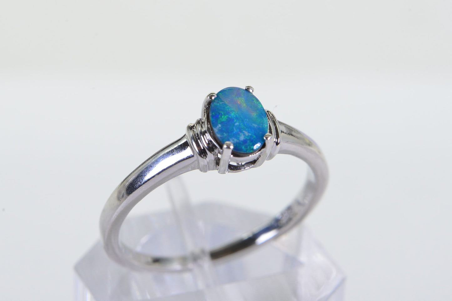 Australian Opal Ring: Sterling Silver Minimalist Band, Blue-Green Gemstone