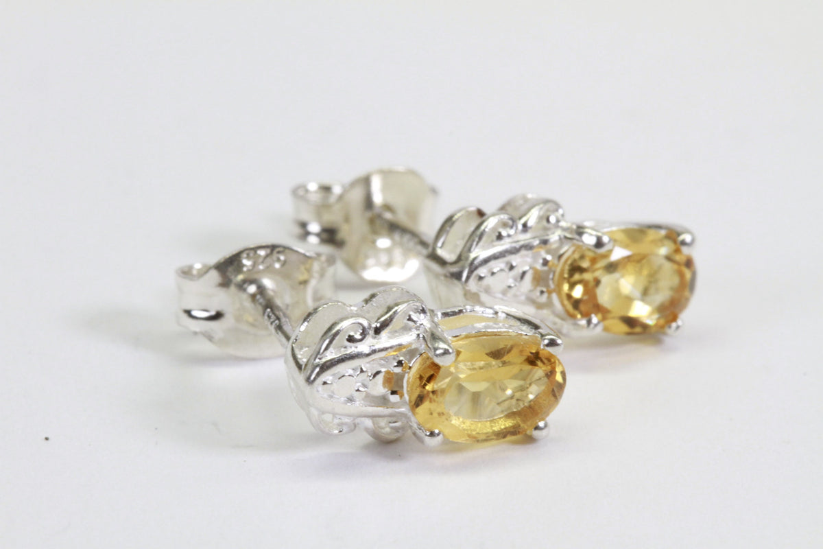 Tiny Citrine Stud Earrings: Rhodium Over Sterling Silver, Handmade