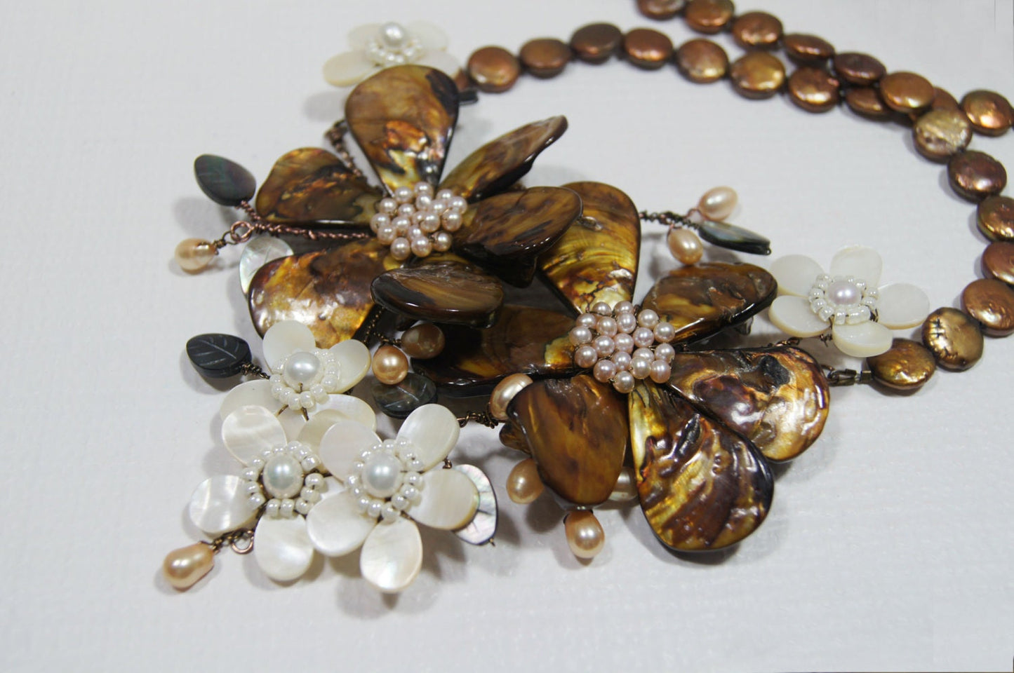 Brown Pearl Flower Necklace, Copper Wire Shell, Bridal Statement Jewelry