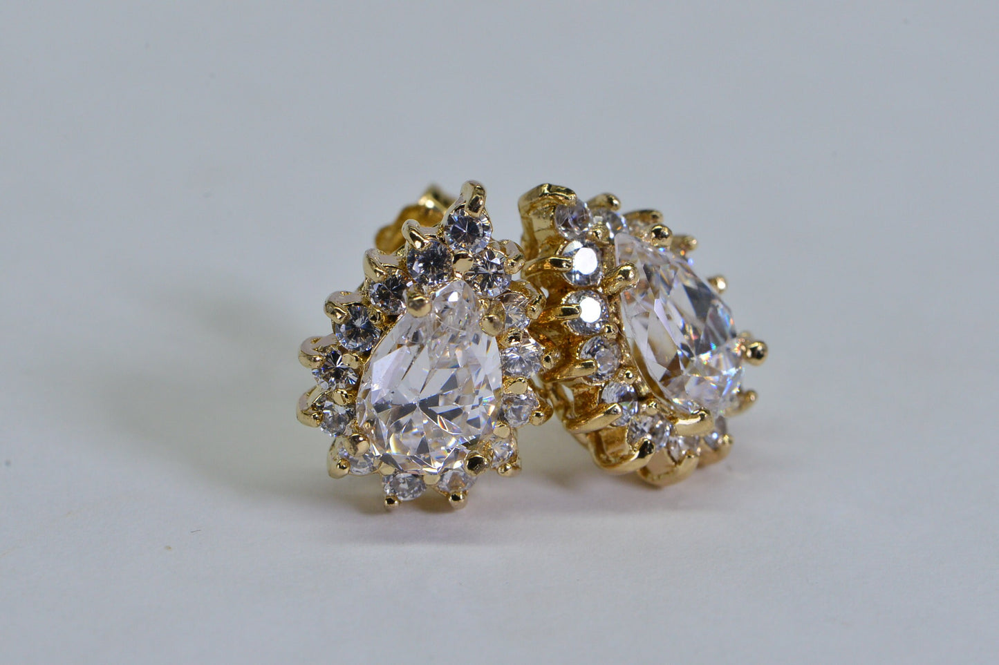 Gold Vermeil Teardrop Stud Earrings: Halo Cubic Zirconia