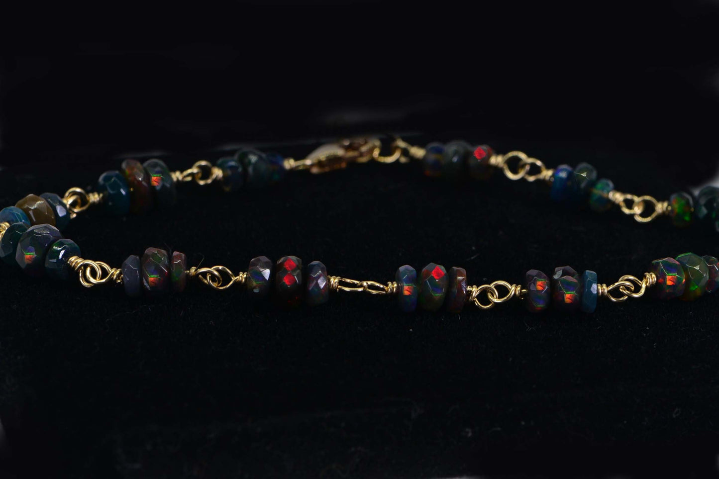 Ethiopian Welo Black Opal Bracelet, 14K Gold Filled Wire Wrapped Chain