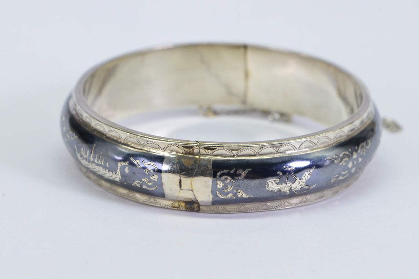 Vintage Siam Sterling Silver Bangle: Enameled Temple Dancer Bracelet