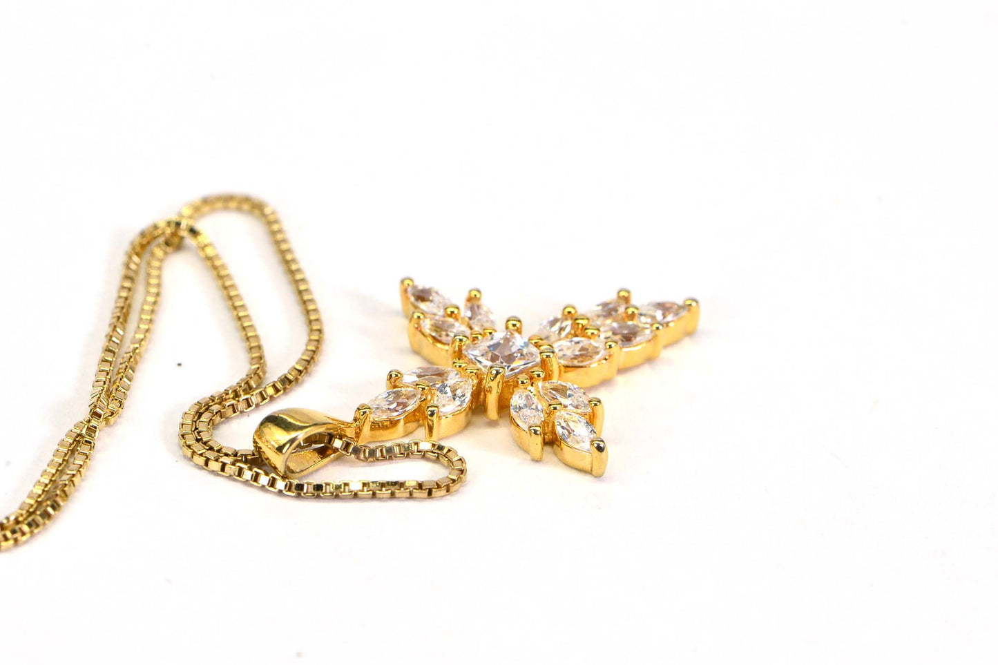 Marquise Cross Necklace: Simulated Diamond, 14K Yellow Gold Over Sterling Silver