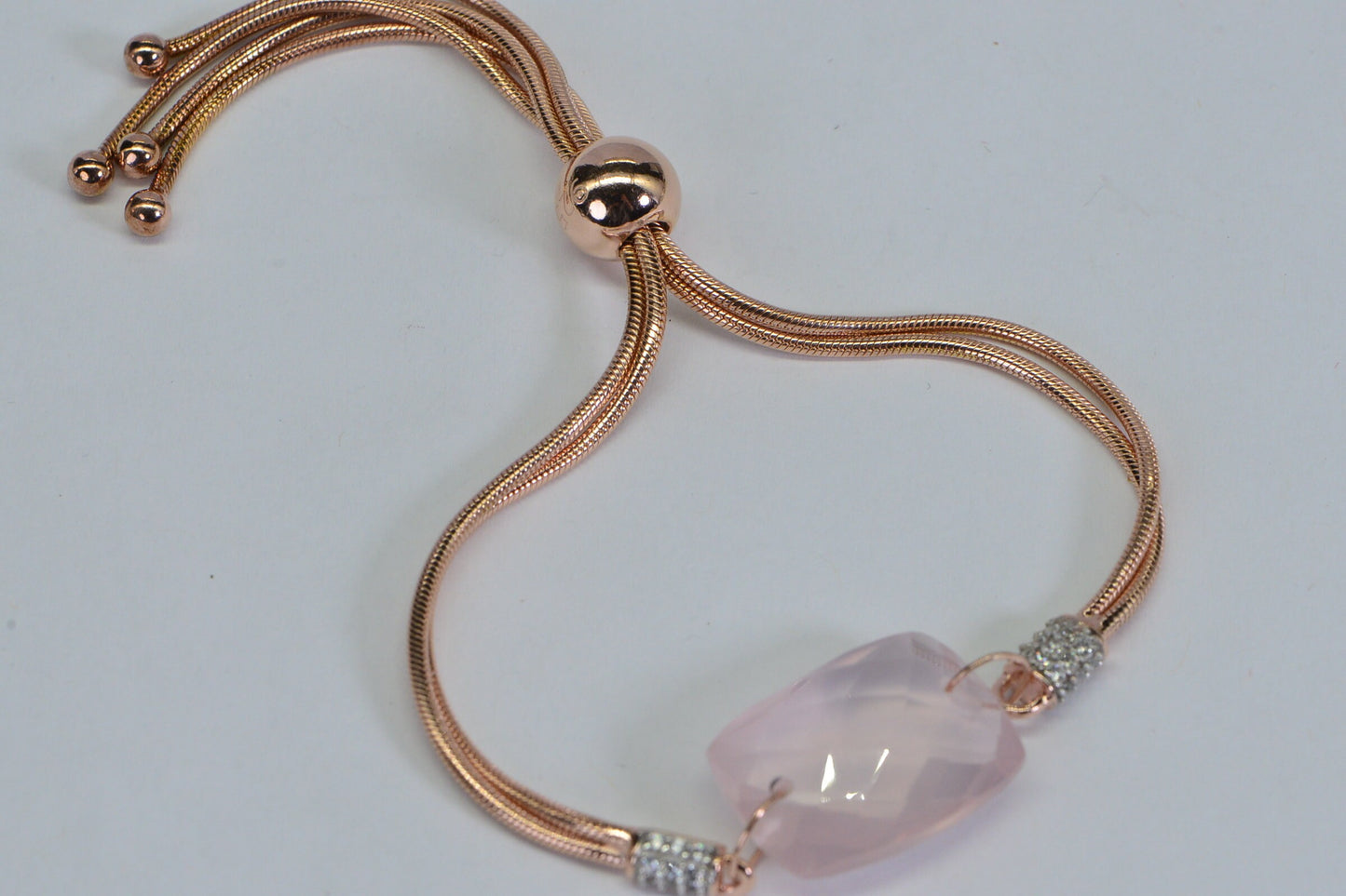 Rose Quartz Bolo Bracelet: Emerald Cut, 925 Sterling Silver, Adjustable