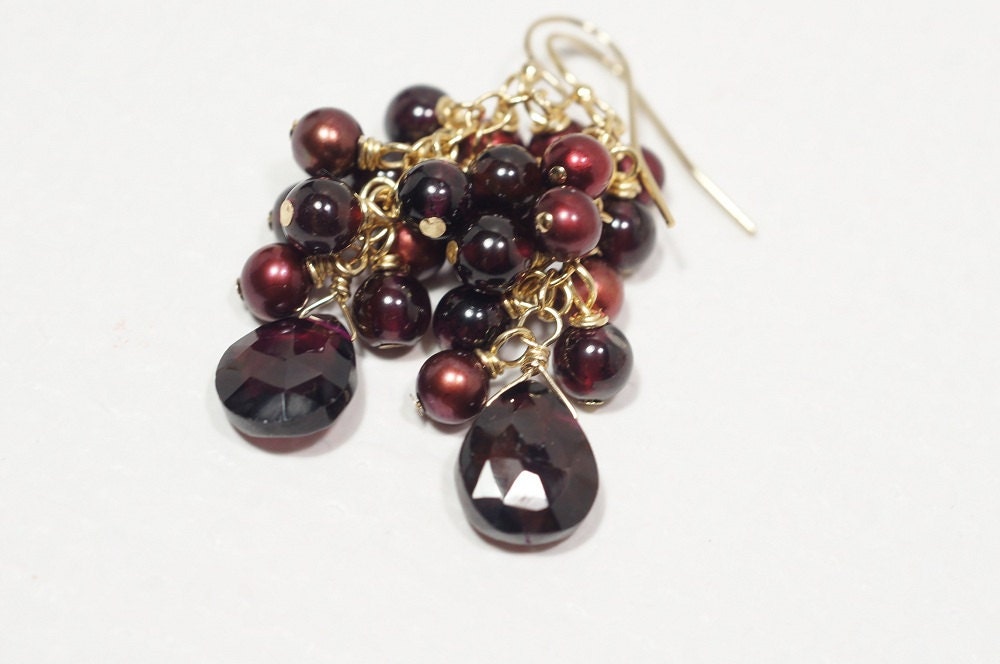 Garnet & Red Pearl Chandelier Earrings, 14K Gold Filled